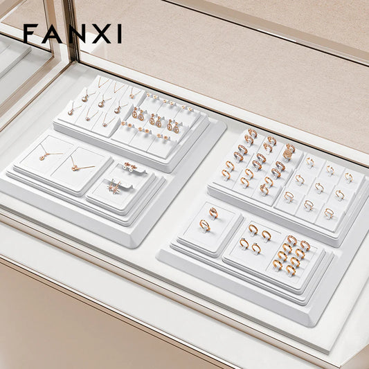 OIRLV White PU Leather Ring Pendant Earrings Jewelry Display Set TT404