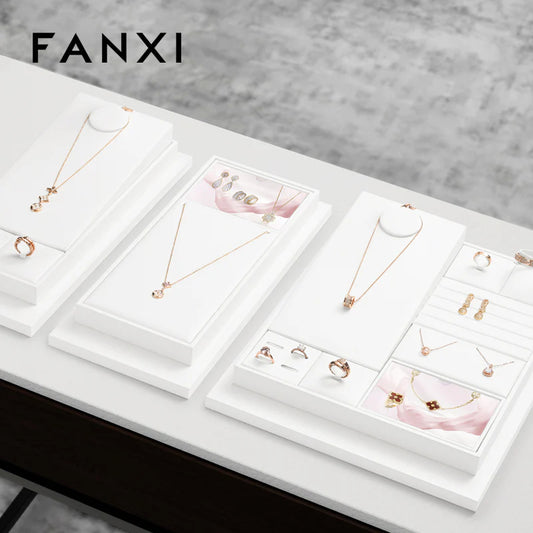 Oirlv White PU Leather Earrings Ring Necklace Jewelry Display Set TT323