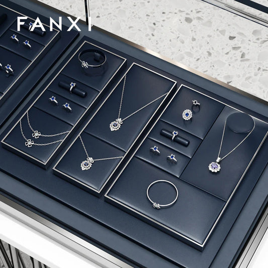 Oirlv Blue PU Leather Earrings Ring Necklace Jewelry Display Set TT318