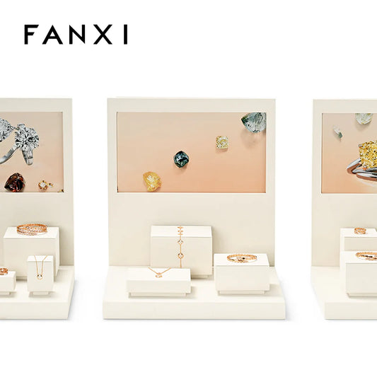 Beige Microfiber Earrings Ring Necklace Jewelry Display Set TT255