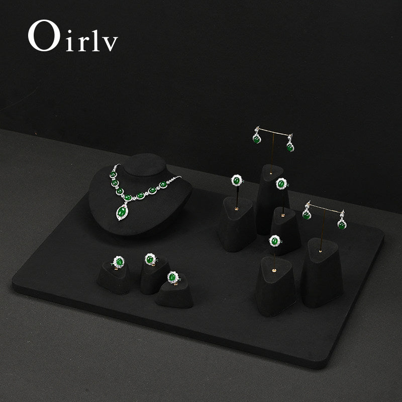 Black Microfiber Earrings Ring Necklace Jewelry Display Set TT345
