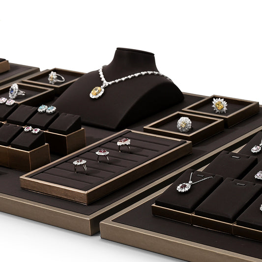 Black-Brown PU Leather Ring Earring Necklace Jewelry Display Set TT215