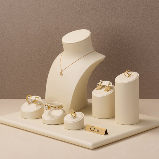 Beige PU Leather Ring Earrings Necklace Jewelry Display Set TT156