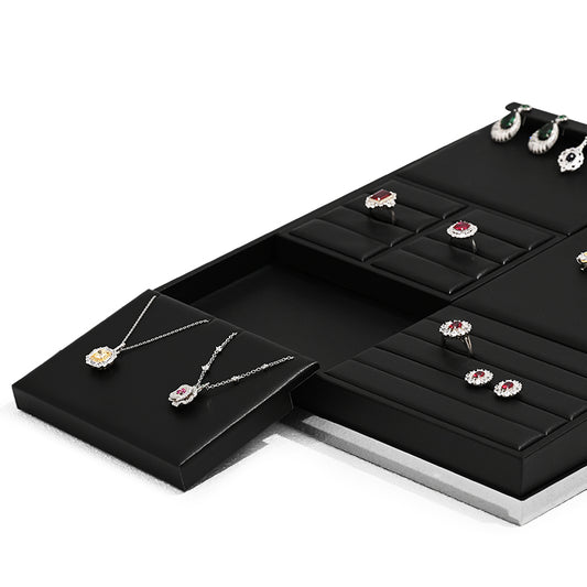 Black PU Leather Earrings Ring Necklace Jewelry Display Set TT205