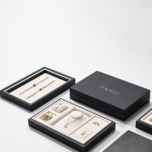 New Black Beige PU Leather Microfiber Surround Jewelry Tray P155