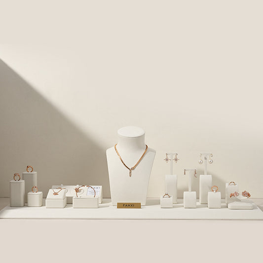 Beige Microfiber Ring Earring Necklace Watch Jewelry Display Set TT196