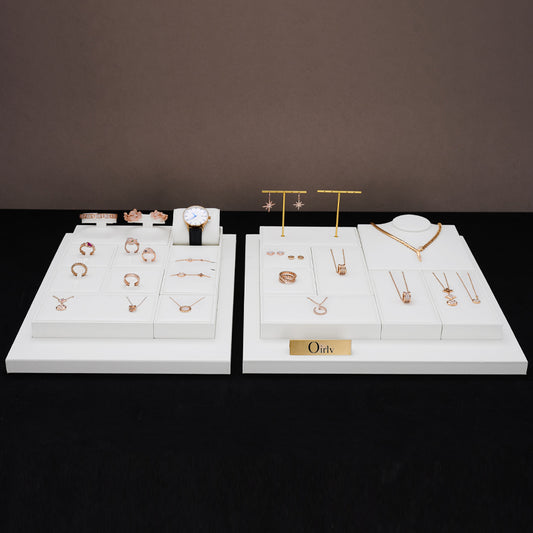 White Leather Ring Earring Necklace Watch Jewelry Display Set TT166
