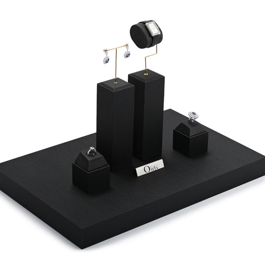 Black PU Leather Ring Earring Necklace Watch Jewelry Display Set TT212