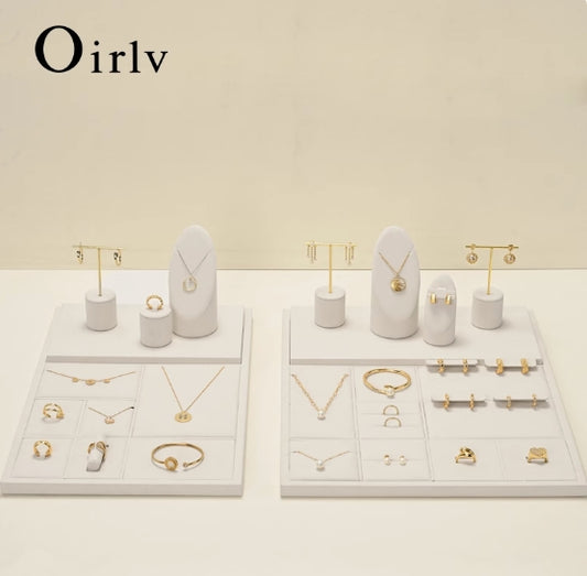 Beige Microfiber Rings Necklace Base Jewelry Display Set TT247