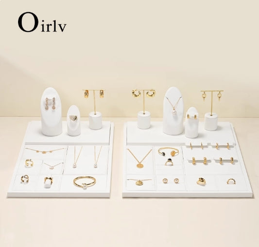 Beige PU Leather Rings Necklace Base Jewelry Display Set TT249