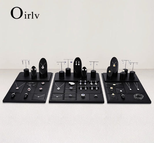 Black PU Leather Rings Necklace Base Jewelry Display Set TT250