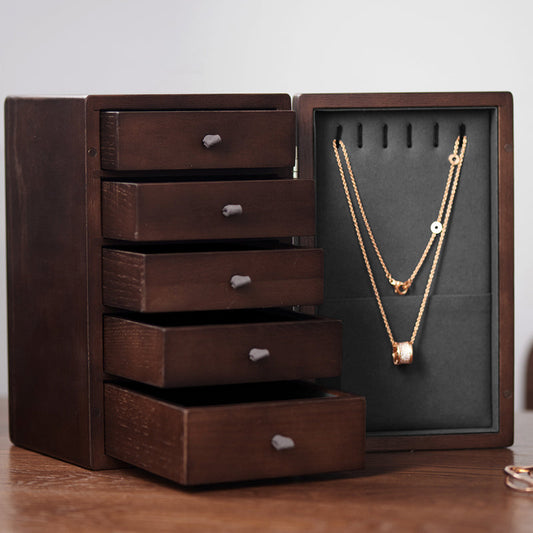Walnut Wood Jewelry Storage Box with 5 Drawers X034