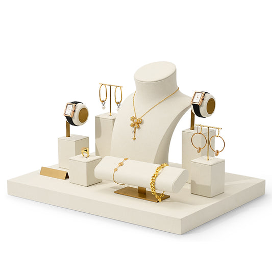 Beige Microfiber Ring Necklace Watch Jewelry Display Set TT191