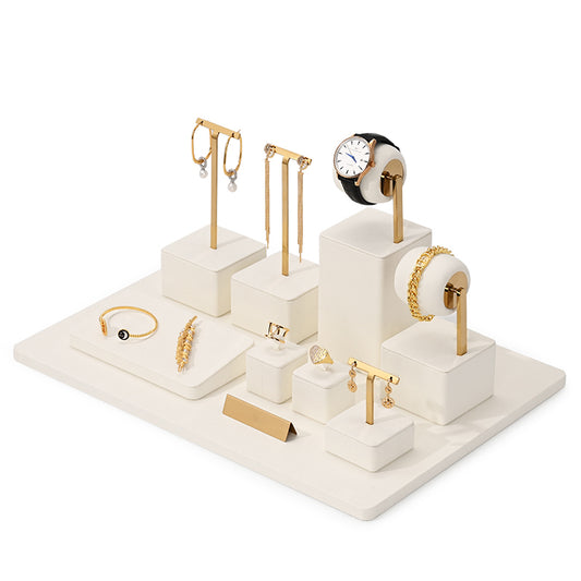 Beige Microfiber Ring Necklace Jewelry Display Set TT179