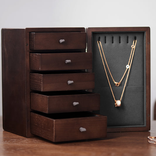 Walnut Wood Jewelry Storage Box with 5 Drawers X034