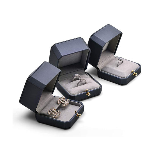 Dark Blue Octagonal PU Leather Ring Gift Box H076