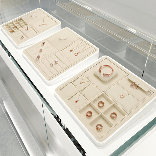 Luxury Microfiber Beige Ring Necklace Pendant Earring Display Tray P134