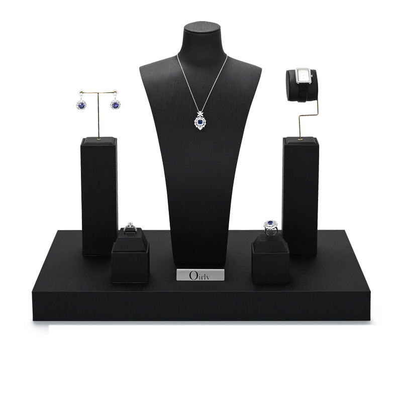 Black PU Leather Ring Earring Necklace Watch Jewelry Display Set TT212