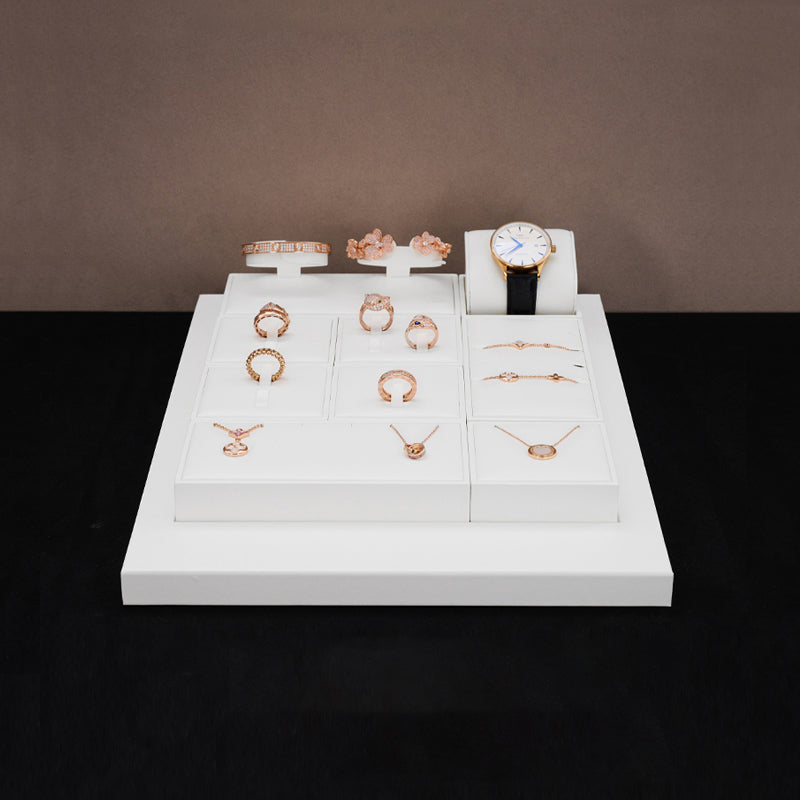 White Leather Ring Earring Necklace Watch Jewelry Display Set TT166