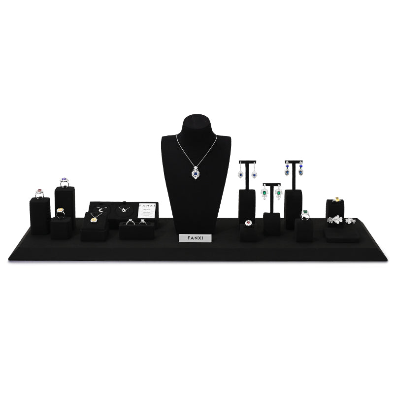 Black Microfiber Ring Earring Necklace Watch Jewelry Display Set TT195