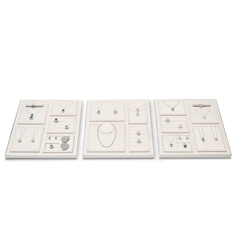 Beige Microfiber Earrings Ring Necklace Jewelry Display Set TT206