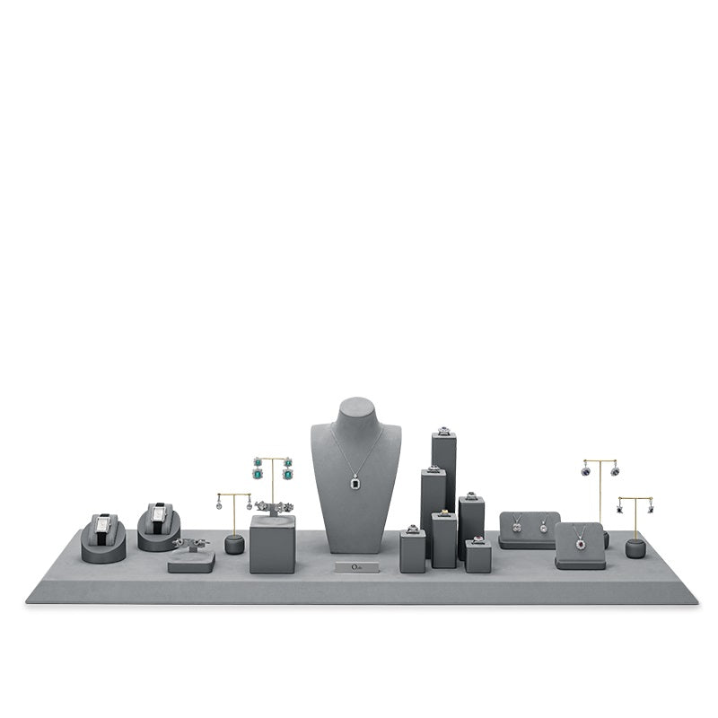 Gray Microfiber Ring Earring Necklace Watch Jewelry Display Set TT217