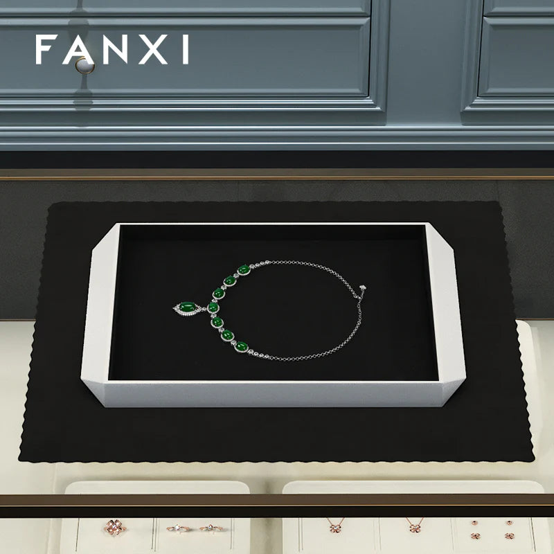 OIRLV Black/Beige Microfiber Ring Necklace Pendant Earring Display Tray P172