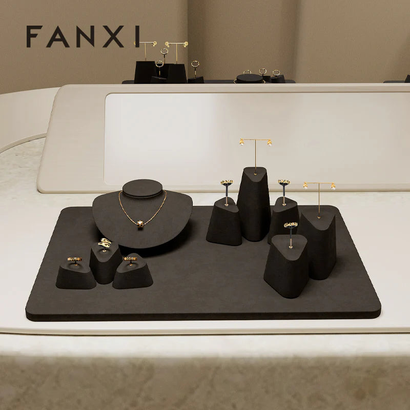 Black Microfiber Earrings Ring Necklace Jewelry Display Set TT346