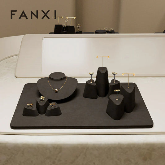 Black Microfiber Earrings Ring Necklace Jewelry Display Set TT346