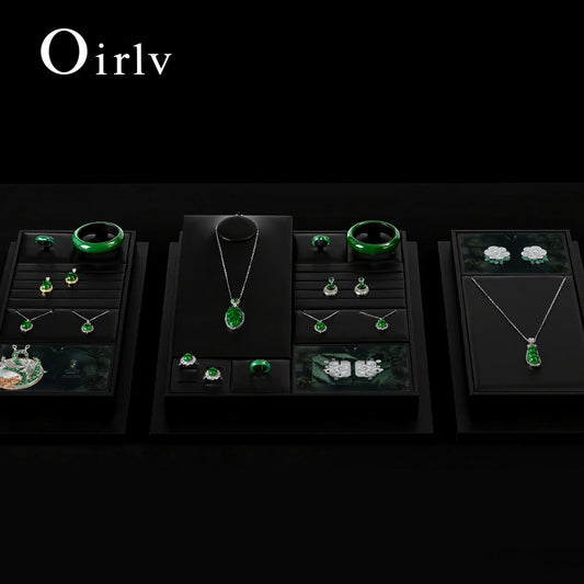 Oirlv Black PU Leather Earrings Ring Necklace Jewelry Display Set TT322