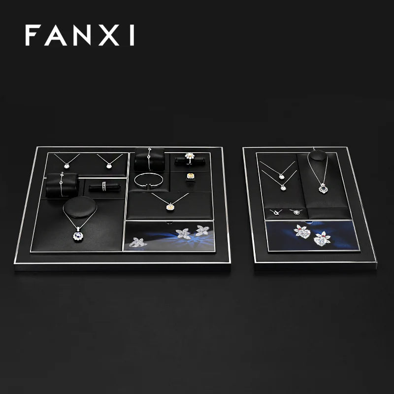Oirlv Black PU Leather Earrings Ring Necklace Jewelry Display Set TT319