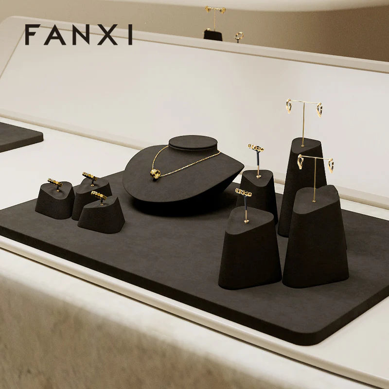 Black Microfiber Earrings Ring Necklace Jewelry Display Set TT346