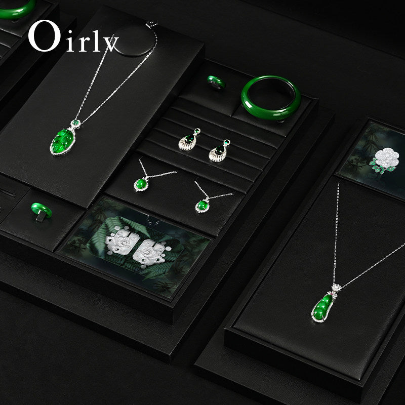 Oirlv Black PU Leather Earrings Ring Necklace Jewelry Display Set TT322