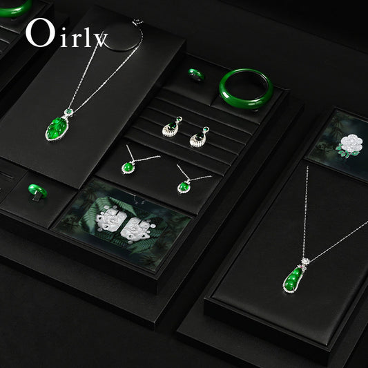 Oirlv Black PU Leather Earrings Ring Necklace Jewelry Display Set TT322