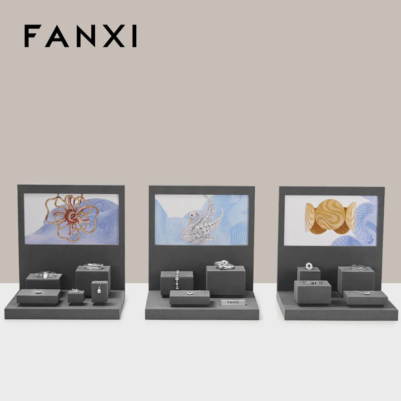 Gray Microfiber Earrings Ring Necklace Jewelry Display Set TT256