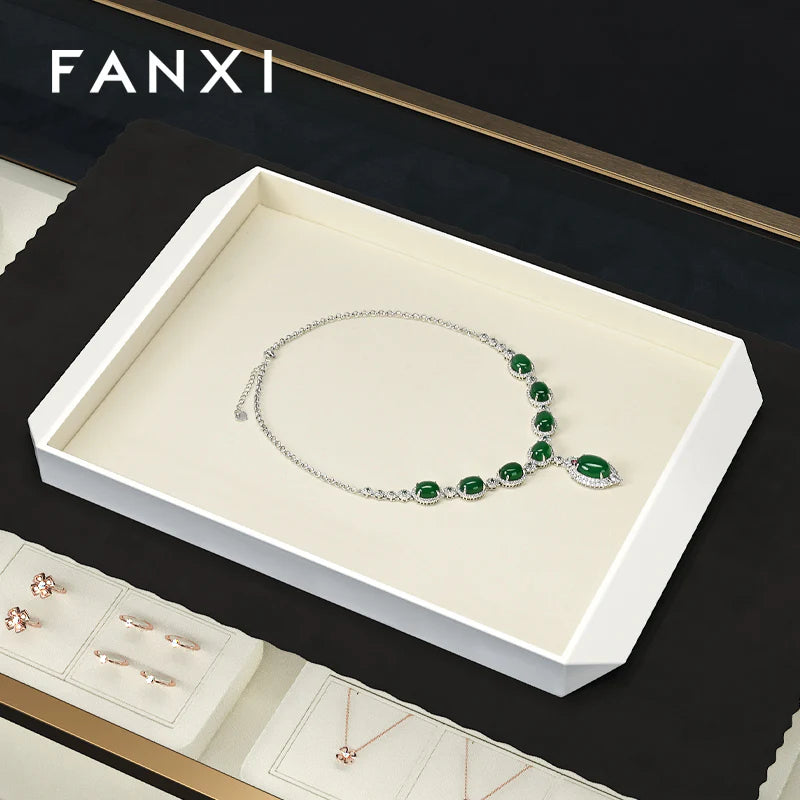 OIRLV Black/Beige Microfiber Ring Necklace Pendant Earring Display Tray P172