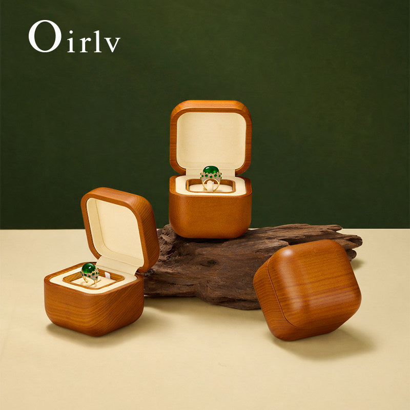 New arrival Beige Wooden Microfiber Ring Box：H206