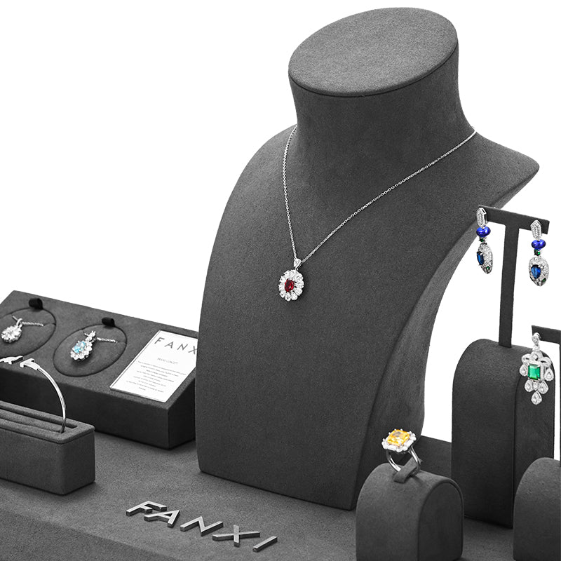 Grey Microfiber Ring Earring Necklace Watch Jewelry Display Set TT197