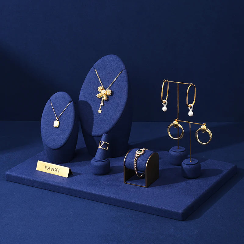 Blue Microfiber Ring Earring Necklace Jewelry Display Set TT315