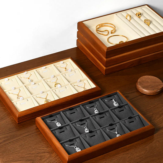 Solid wood jewelry tray for displaying bracelets, rings, and necklaces.P180-182