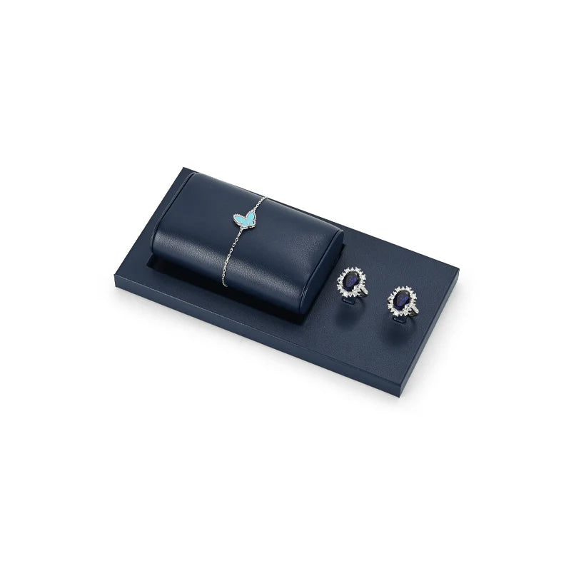 Oirlv Blue PU Leather Earrings Ring Necklace Jewelry Display Set TT318