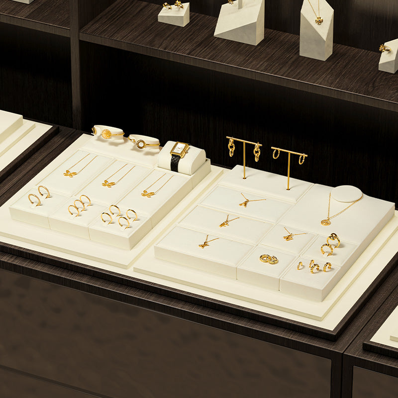 Beige Microfiber Ring Necklace Jewelry Display Set TT168