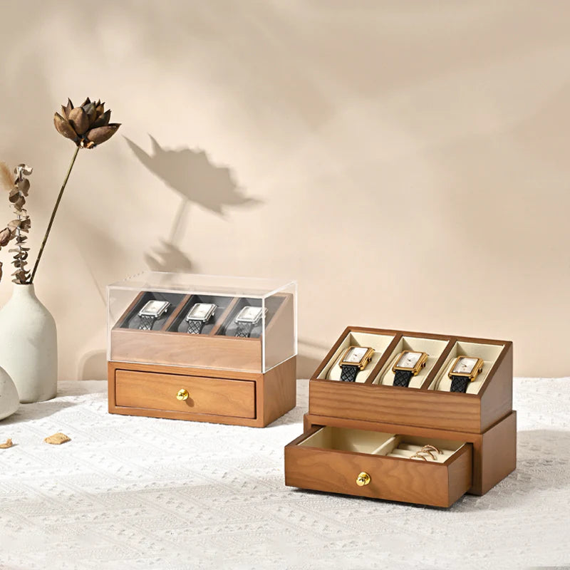 OIRLV Multifunctional Solid Wood Watch Storage Box Household Transparent Microfiber Watch Display Case X073