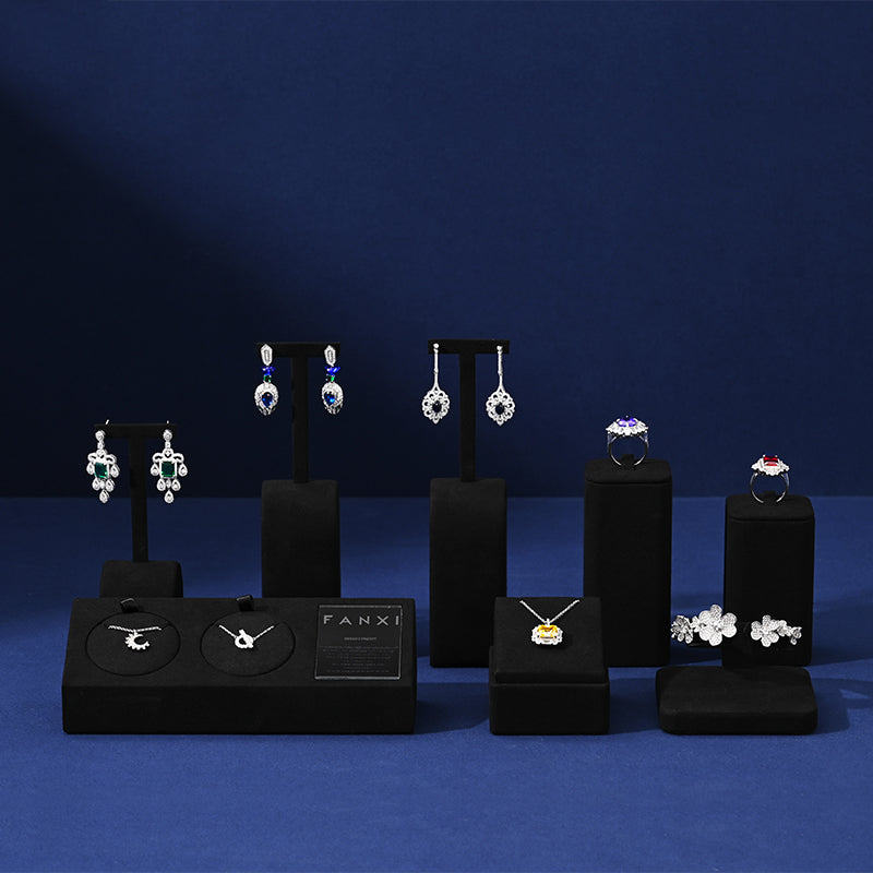 Black Microfiber Ring Earring Necklace Watch Jewelry Display Set TT195