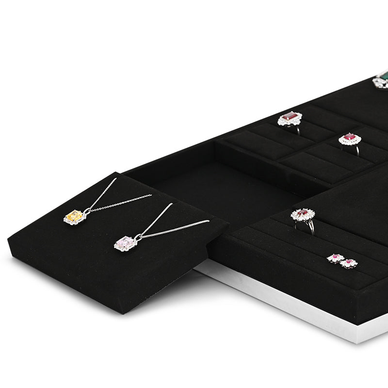 Black Microfiber Earrings Ring Necklace Jewelry Display Set TT203