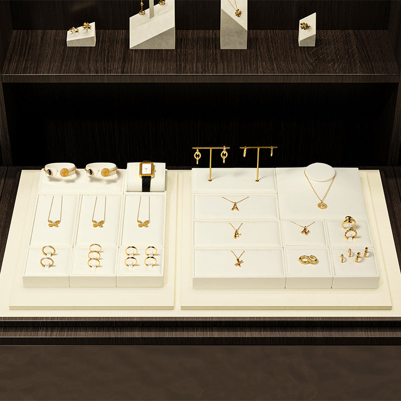 Beige Microfiber Ring Necklace Jewelry Display Set TT168