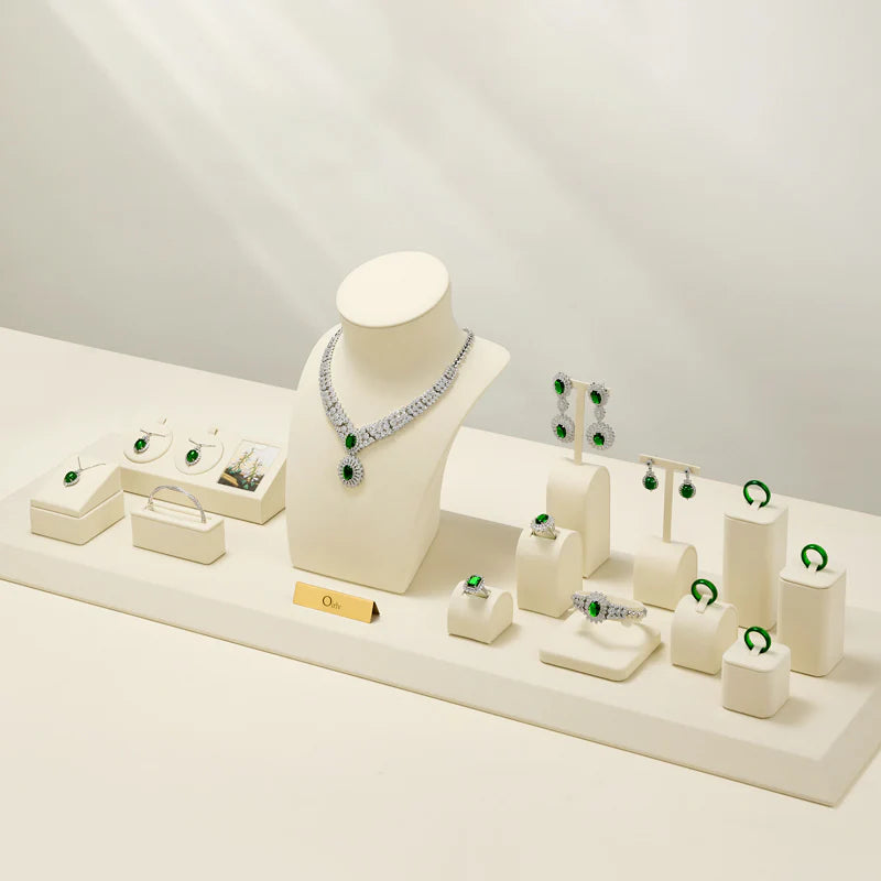 Beige Microfiber Ring Earring Necklace Watch Jewelry Display Set TT196