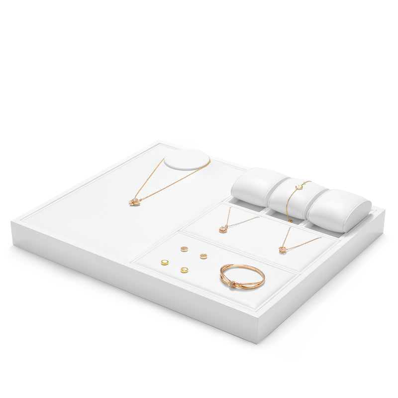 White PU Leather Ring Earring Necklace Jewelry Display Set P133