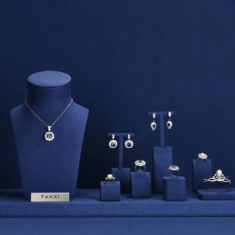 Blue Microfiber Ring Earring Necklace Jewelry Display Set TT310