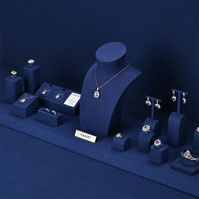 Blue Microfiber Ring Earring Necklace Jewelry Display Set TT310
